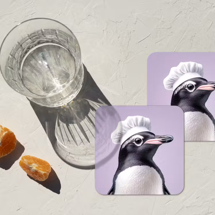 Pinguïn - Koksmuts - Lief - Paars onderzetter kurk middel -sfeer4