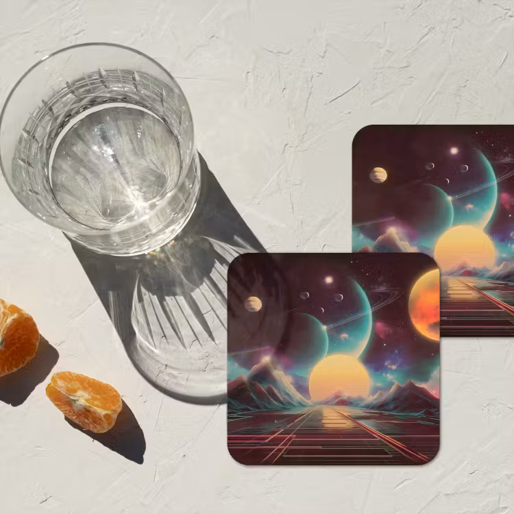 Planeten - Neon - Berglandschap - Zon onderzetter kurk middel -sfeer4