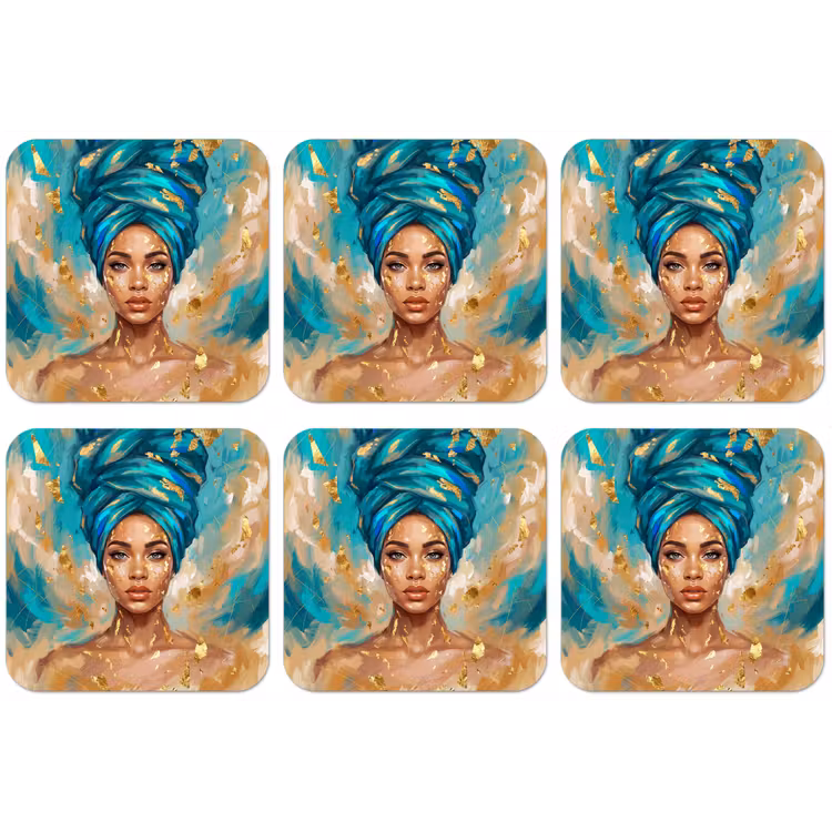 Portret - Vrouw - Schilderij - Blauw - Goud - Expressief onderzetter kurk middel -zkaufland3dotto