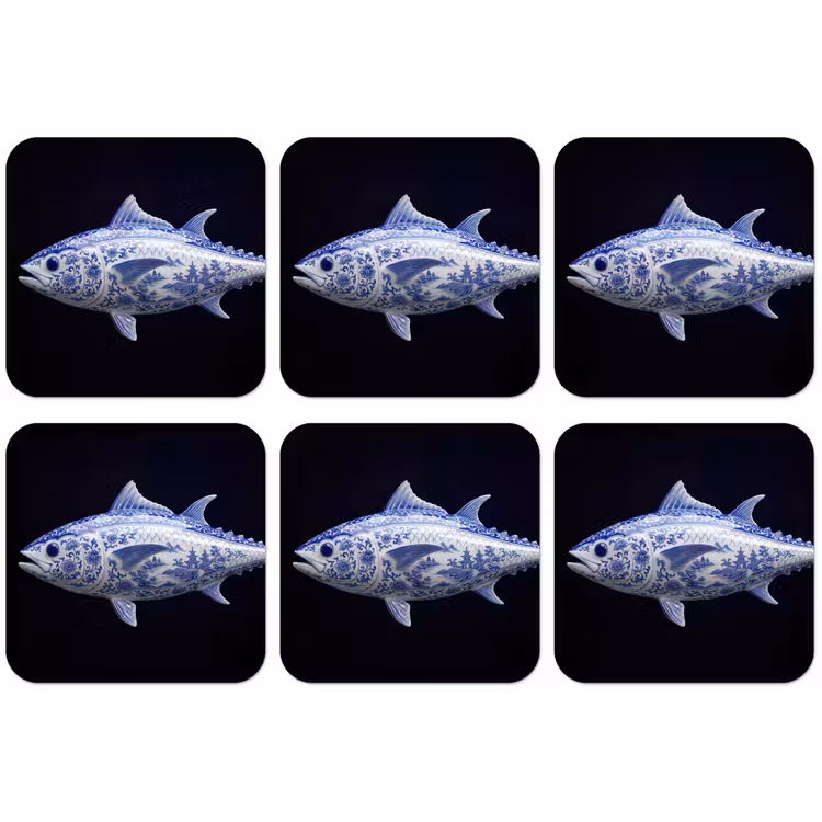 Porselein - Tonijn - Delfts - Blauw onderzetter kurk middel -zkaufland3dotto