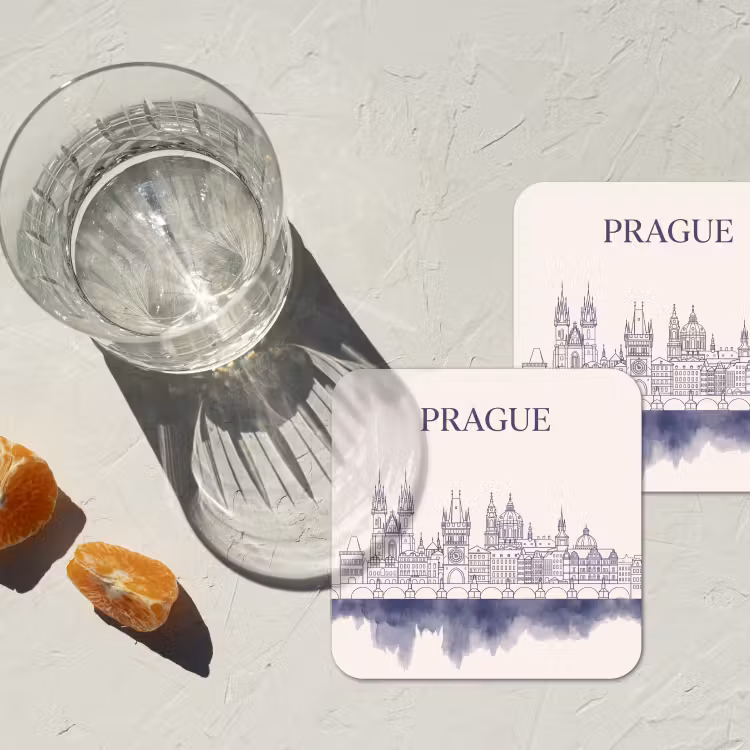 Praag - Skyline - Architectuur - Blauw onderzetter kurk middel -sfeer4