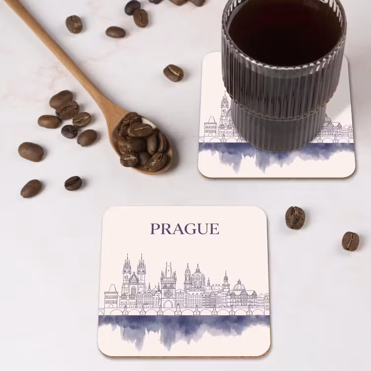 Praag - Skyline - Architectuur - Blauw onderzetter kurk middel -sfeer2
