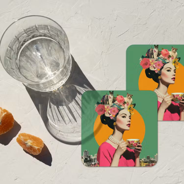 Retro - Vrouw - Stad - Zon onderzetter kurk middel -sfeer4