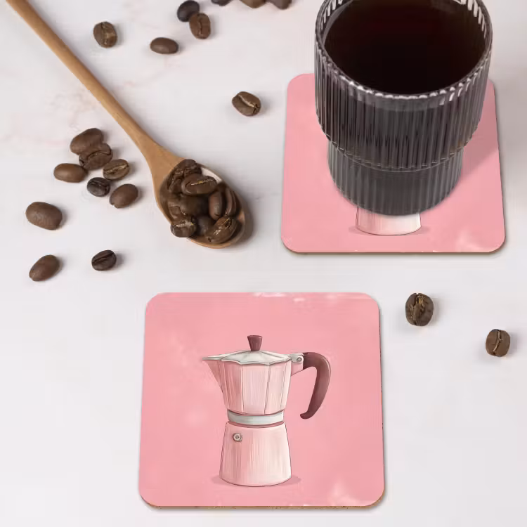 Roze - Mokkapot - Illustratie - Koffie onderzetter kurk middel -sfeer2