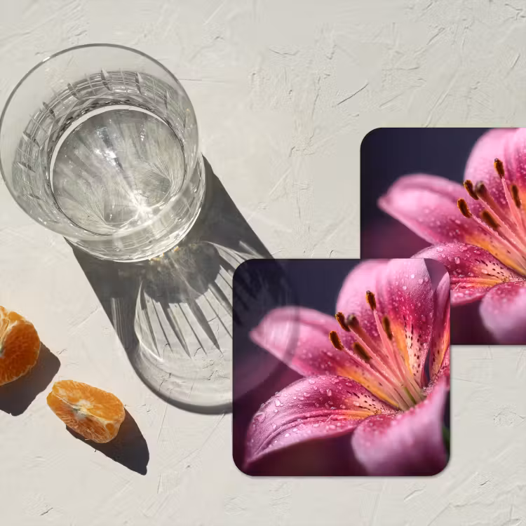 Roze - lelie - Dauwdruppels onderzetter kurk middel -sfeer4