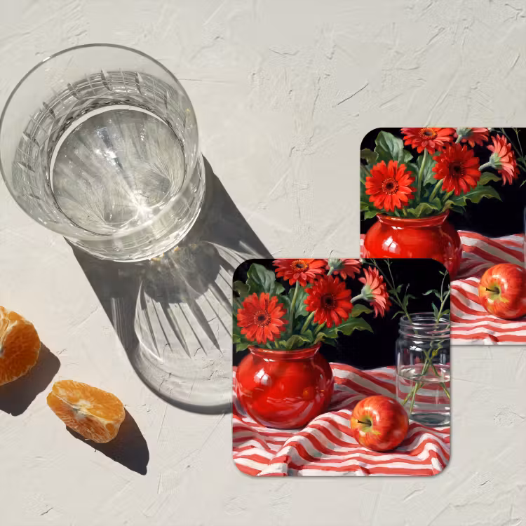 Untersetzer - Rote Blumen – Vase - Rode bloemen - Vaas onderzetter kurk middel