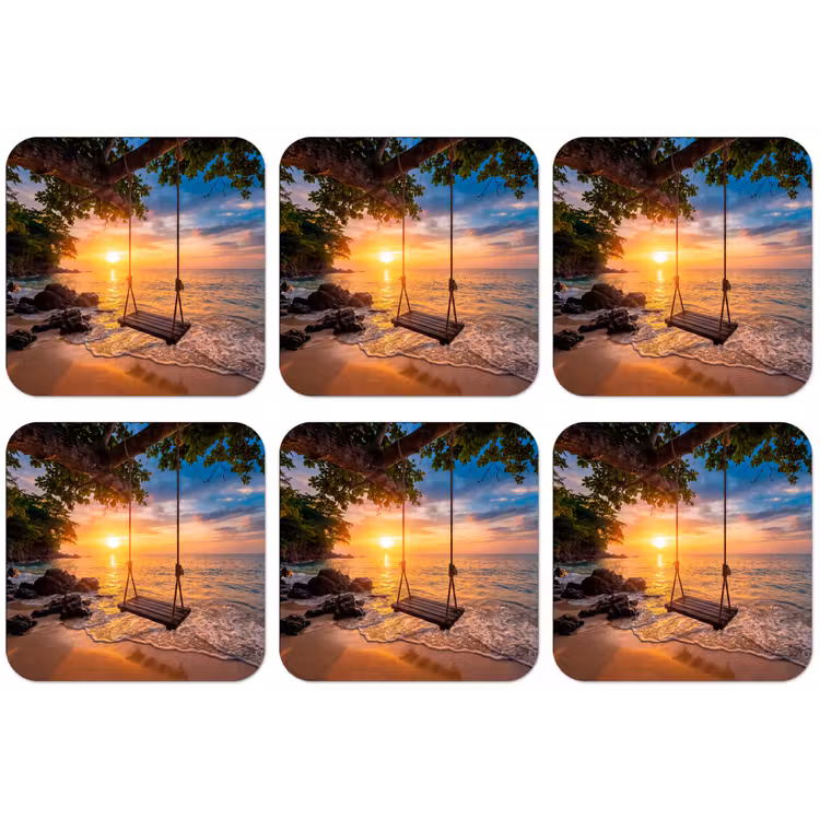 Schommel - Strand - Zonsondergang - Natuur - Oranje onderzetter kurk middel -zkaufland3dotto