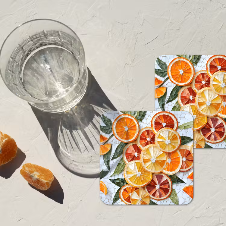 Schijfjes - Fruit - Oranje - Mozaïek onderzetter kurk middel -sfeer4