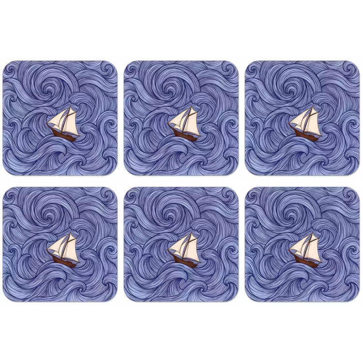 Schip - Golven - Zee - Illustratie - Blauw onderzetter kurk middel -zkaufland3dotto