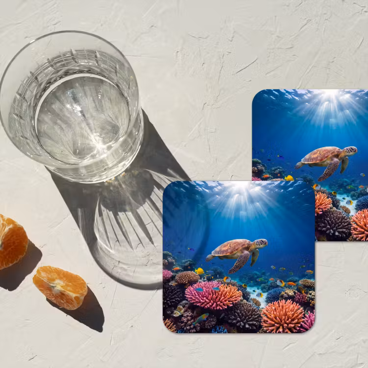 Schildpad - Koraalrif - Oceaan - Dieren - Blauw onderzetter kurk middel -sfeer4