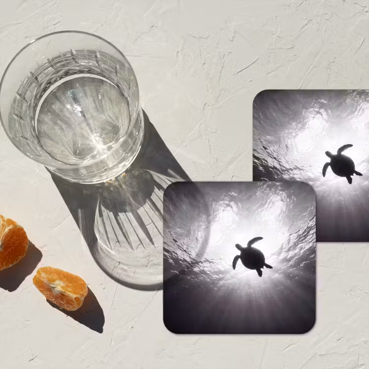Schildpad - Onderwater - Lichtstralen - Oceaan - Zwart-wit onderzetter kurk middel -sfeer4