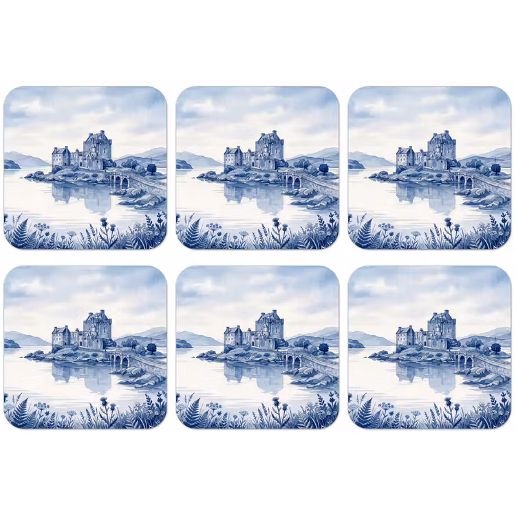 Schots - Kasteel - Blauw - Aquarel onderzetter kurk middel -zkaufland3dotto