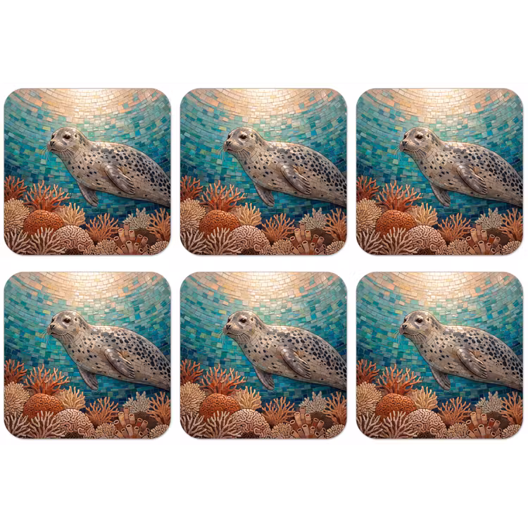 Zeehond - Mozaïek - Onderwater - Dieren - Blauw onderzetter kurk middel -zkaufland3dotto