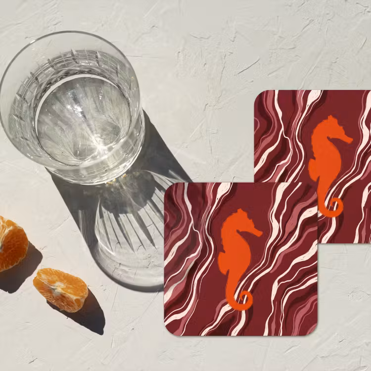 Zeepaardje - Golven - Zeeleven - Abstract - Oranje onderzetter kurk middel -sfeer4