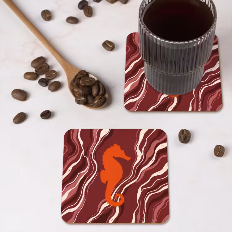 Zeepaardje - Golven - Zeeleven - Abstract - Oranje onderzetter kurk middel -sfeer2