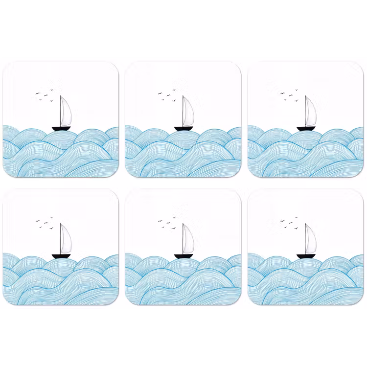 Zeilboot - Golven - Zee - Illustratie - Blauw onderzetter kurk middel -zkaufland3dotto