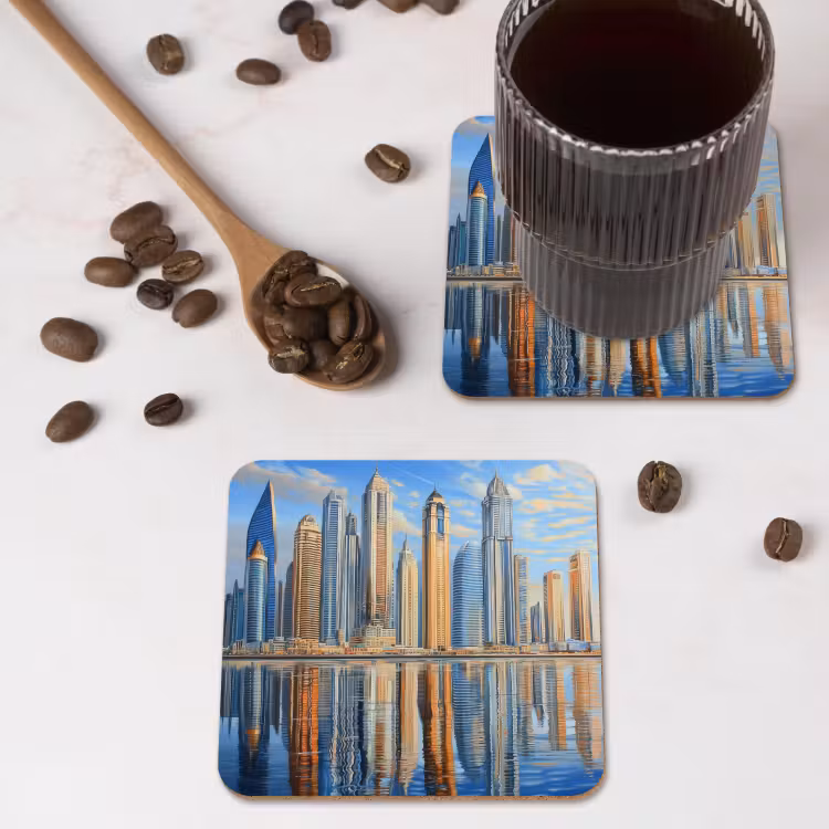 Skyline - Wolkenkrabbers - Water - Blauw onderzetter kurk middel -sfeer2