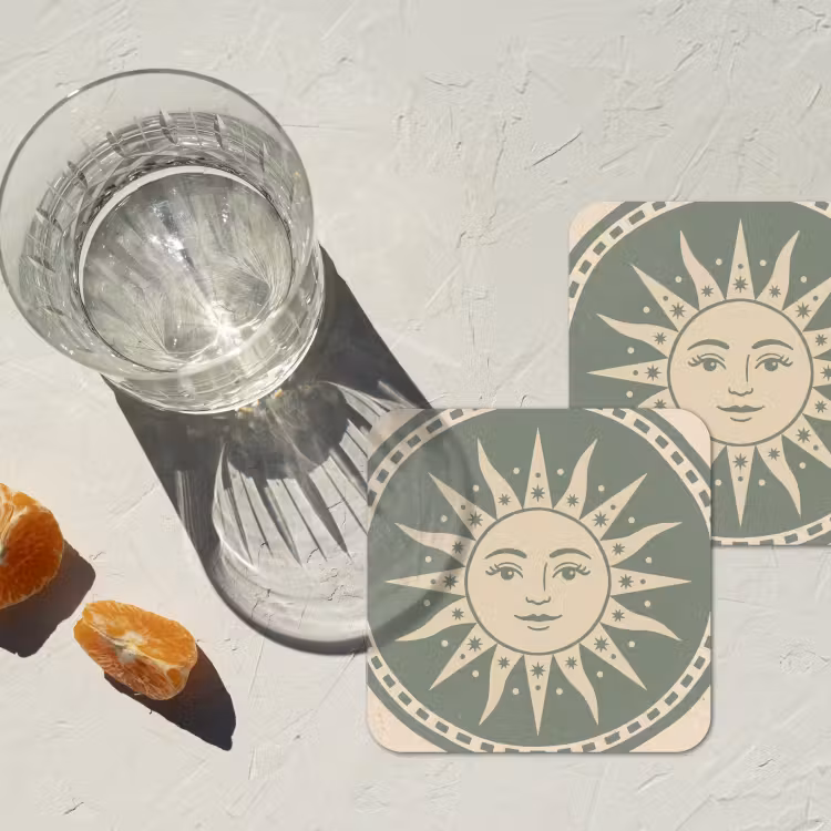 Zon - Sterren - Astrologie - Vintage - Groen onderzetter kurk middel -sfeer4