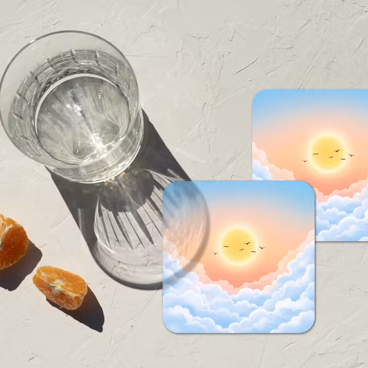 Zon - Vogels - Lucht - Natuur - Geel onderzetter kurk middel -sfeer4
