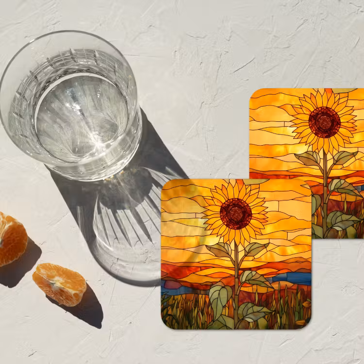 Zonnebloem - Mozaïek - Zonsondergang - Geel onderzetter kurk middel -sfeer4