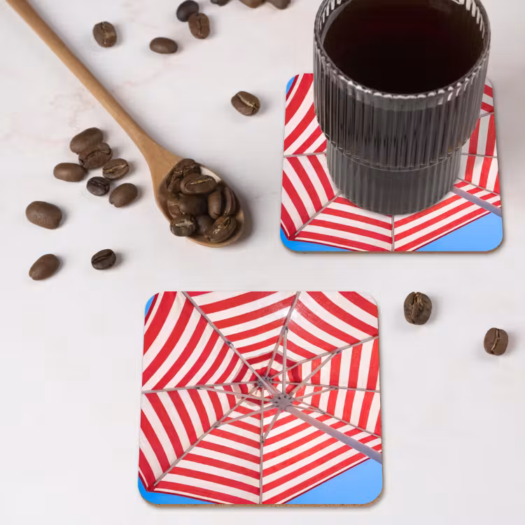 Parasol - Strepen - Zomer - Rood - Blauw onderzetter kurk middel -sfeer2