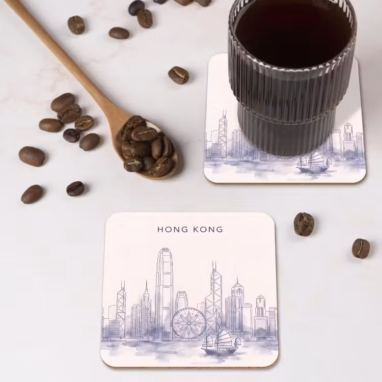 Stad - Skyline - Water - Lijntekening - Blauw onderzetter kurk middel -sfeer2