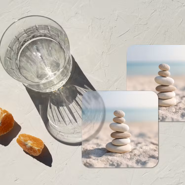 Stenen - Stapel - Zand - Zee onderzetter kurk middel -sfeer4