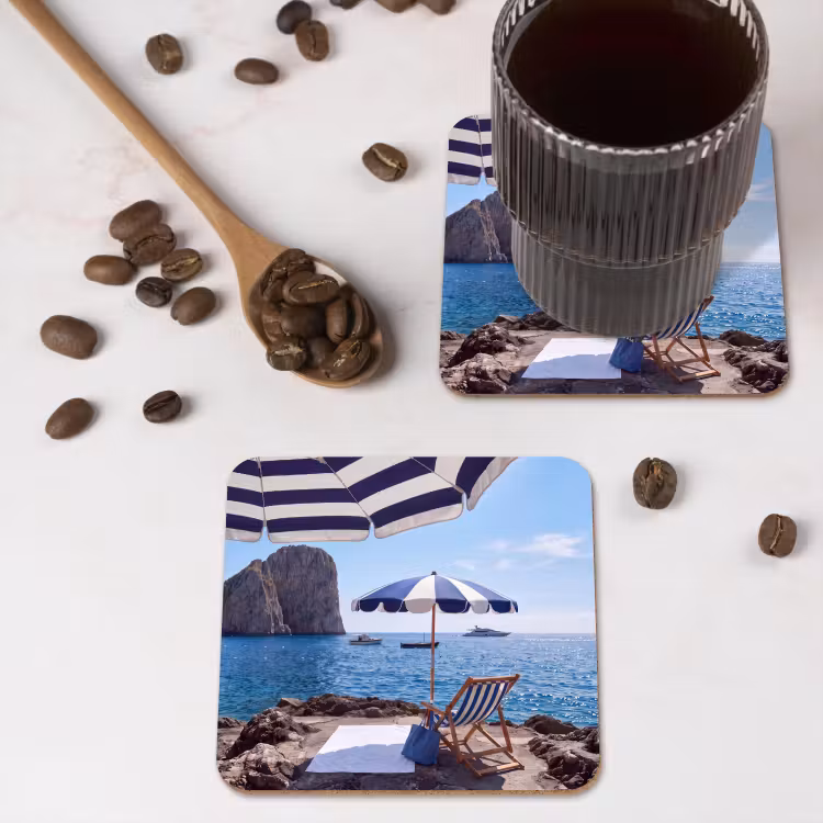 Strand - Ligstoel - Parasol - Zomer - Blauw onderzetter kurk middel -sfeer2
