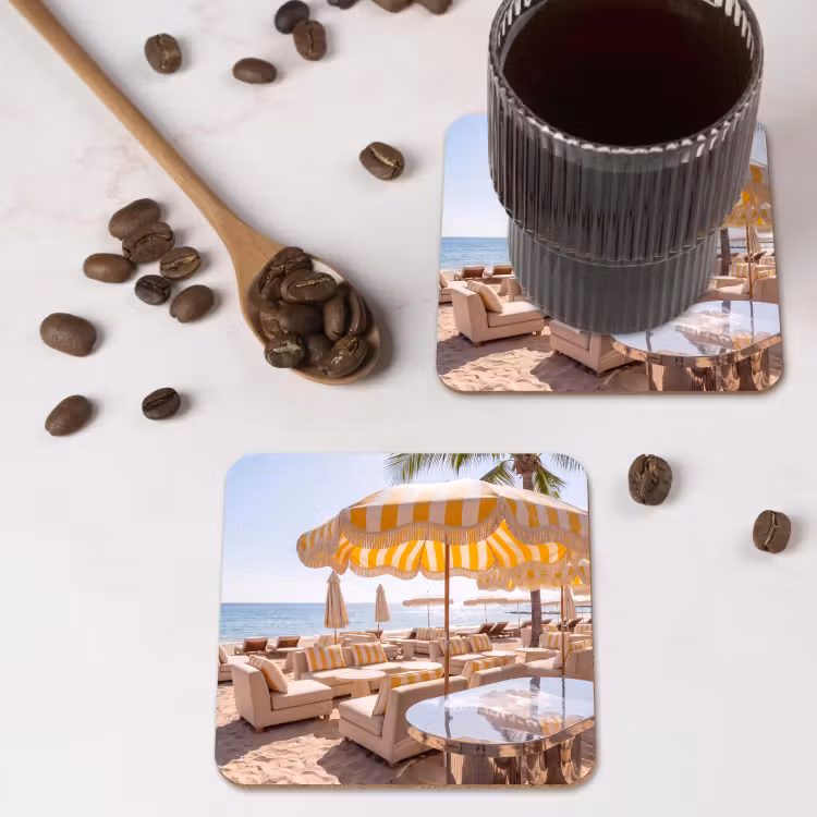 Strand - Ligbedden - Vakantie - Modern - Geel onderzetter kurk middel -sfeer2