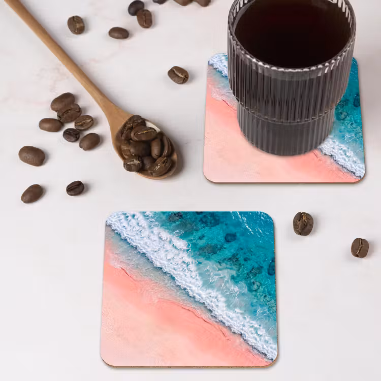 Strand - Oceaan - Golven - Roze Zand - Natuur onderzetter kurk middel -sfeer2