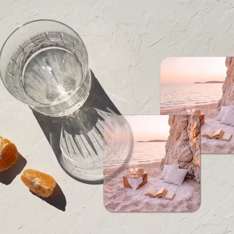 Strand - Picknick - Zonsondergang - Zomer - Natuur onderzetter kurk middel -sfeer4