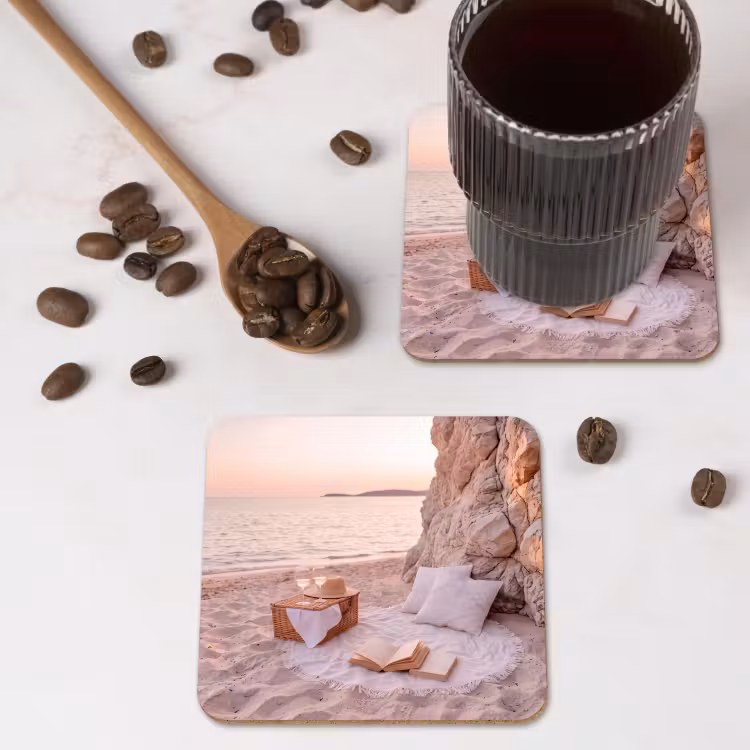 Strand - Picknick - Zonsondergang - Zomer - Natuur onderzetter kurk middel -sfeer2