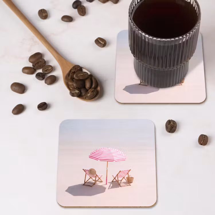 Strand - Parasol - Ligstoel - Zomer - Roze onderzetter kurk middel -sfeer2