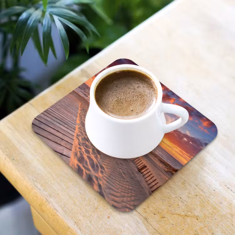 Strand - Zonsondergang - Zee - Natuur - Oranje onderzetter kurk middel -sfeer5