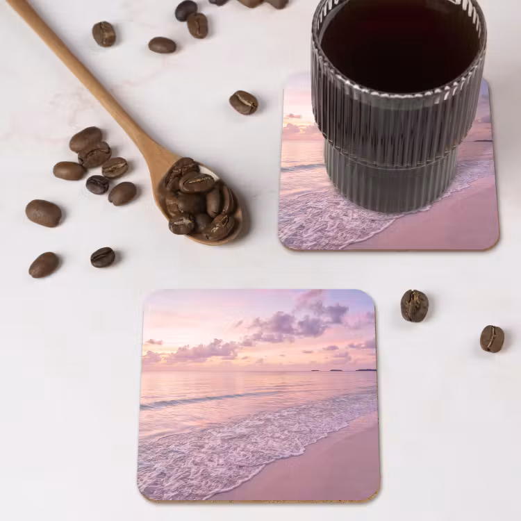 Strand - Zonsondergang - Natuur - Minimalistisch - Roze onderzetter kurk middel -sfeer2