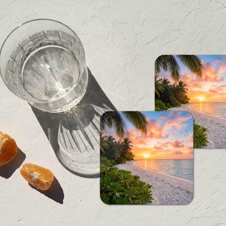 Strand - Zonsondergang - Palmbomen - Tropisch - Natuur onderzetter kurk middel -sfeer4