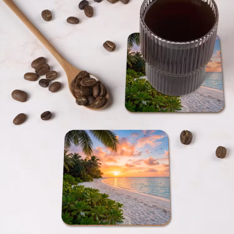 Strand - Zonsondergang - Palmbomen - Tropisch - Natuur onderzetter kurk middel -sfeer2