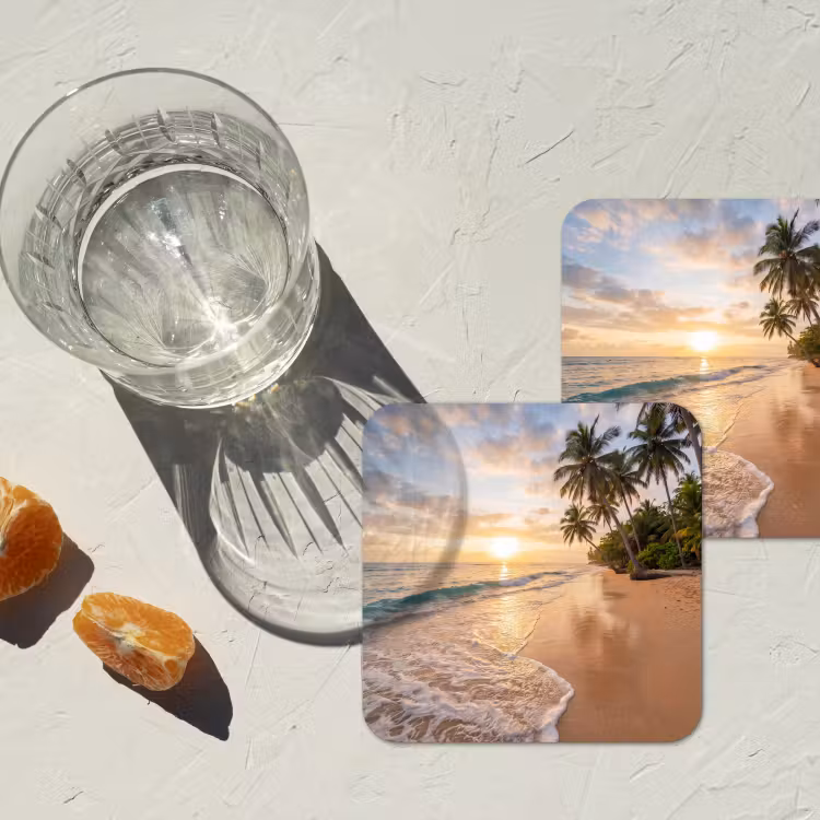Strand - Zonsondergang - Tropisch - Natuur - Goud onderzetter kurk middel -sfeer4