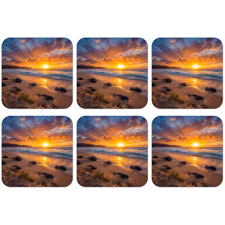 Strand - Zonsondergang - Golven - Natuur - Oranje onderzetter kurk middel -zkaufland3dotto