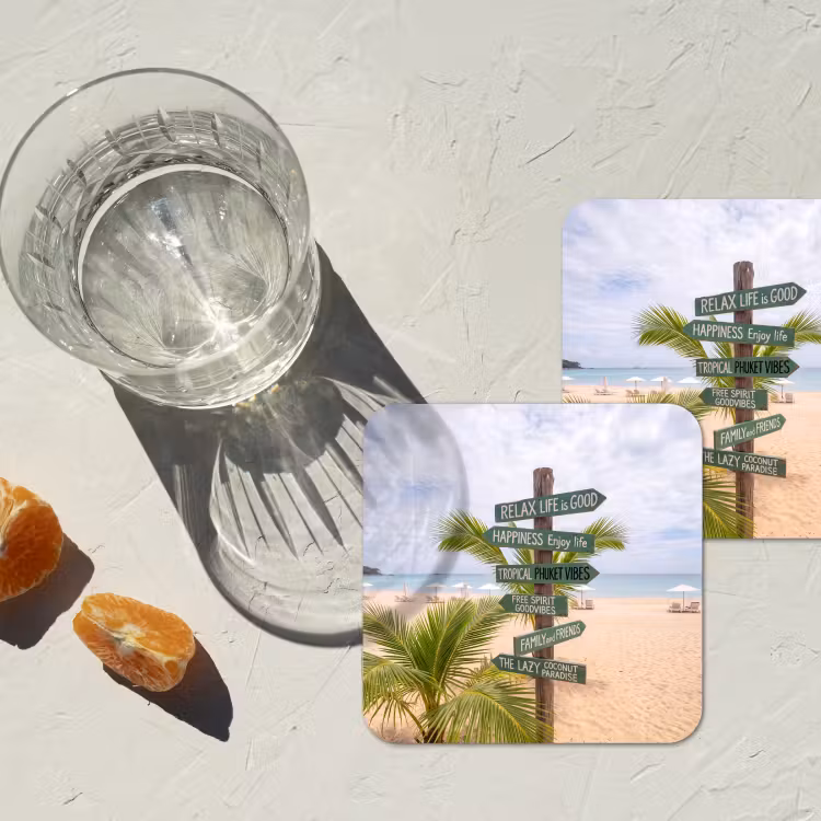 Strand - Wegwijzer - Palmen - Tropisch - Groen onderzetter kurk middel -sfeer4