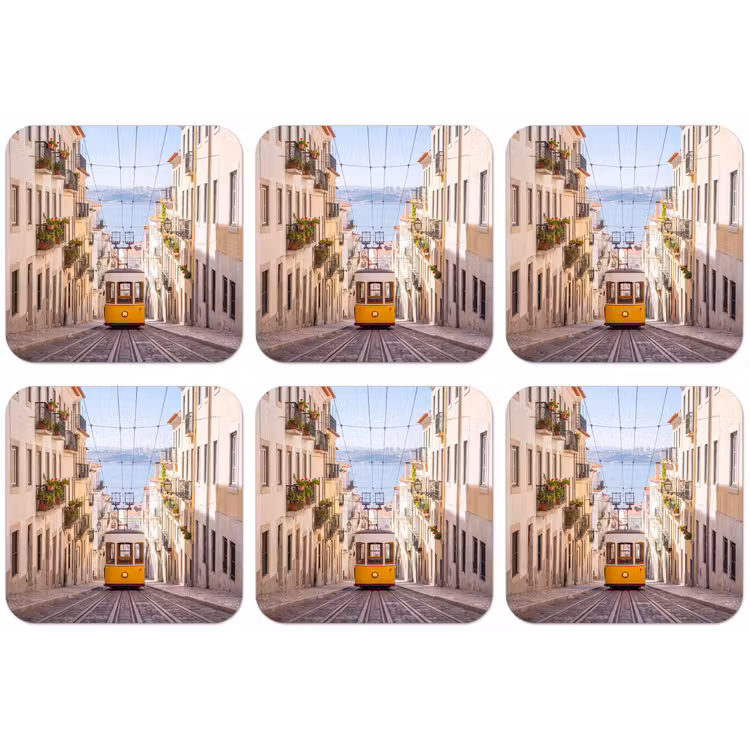 Tram - Straat - Stad - Architectuur - Geel onderzetter kurk middel -zkaufland3dotto