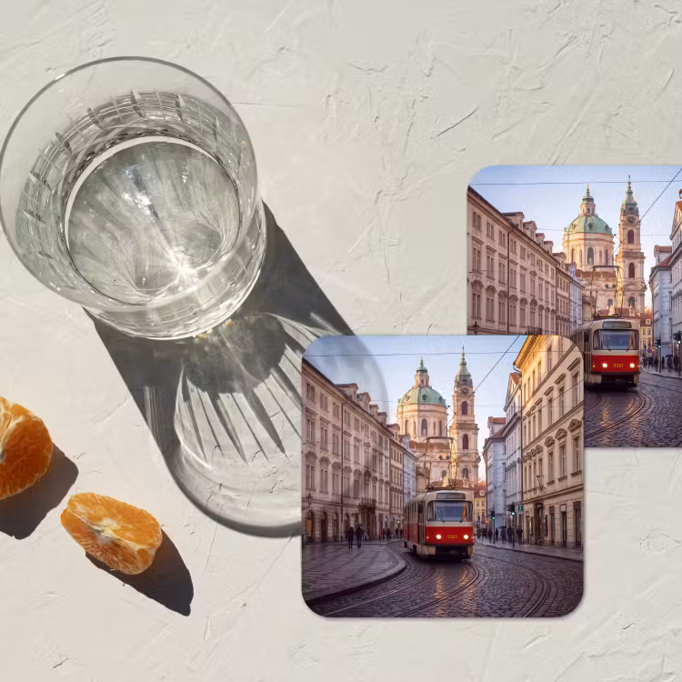 Tram - Straat - Stadsgezicht - Klassiek - Rood onderzetter kurk middel -sfeer4
