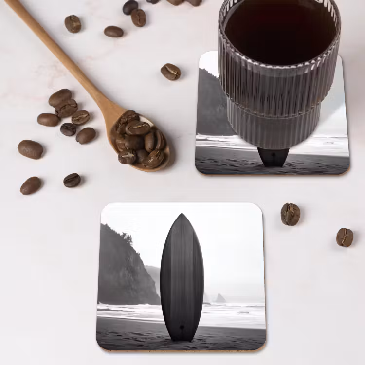 Surfplank - Zand - Zee onderzetter kurk middel -sfeer2
