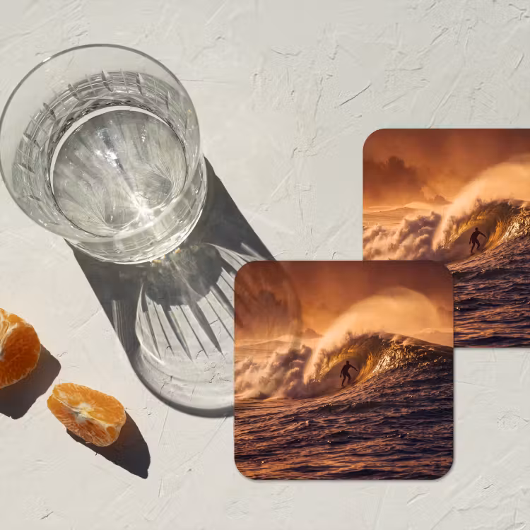 Surfer - Golf - Oceaan - Sport - Oranje onderzetter kurk middel -sfeer4