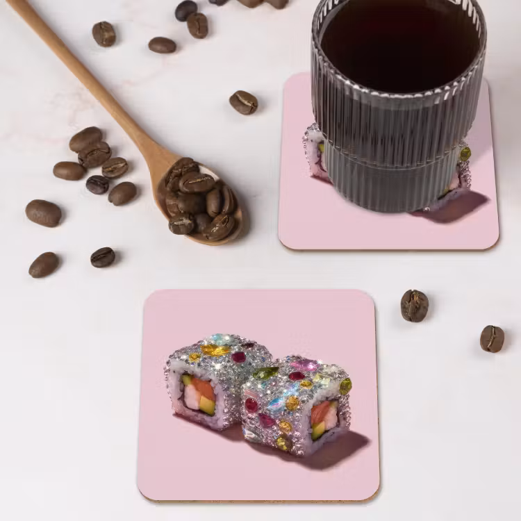 Sushi - Rolletjes - Steentjes - Kleurrijk onderzetter kurk middel -sfeer2