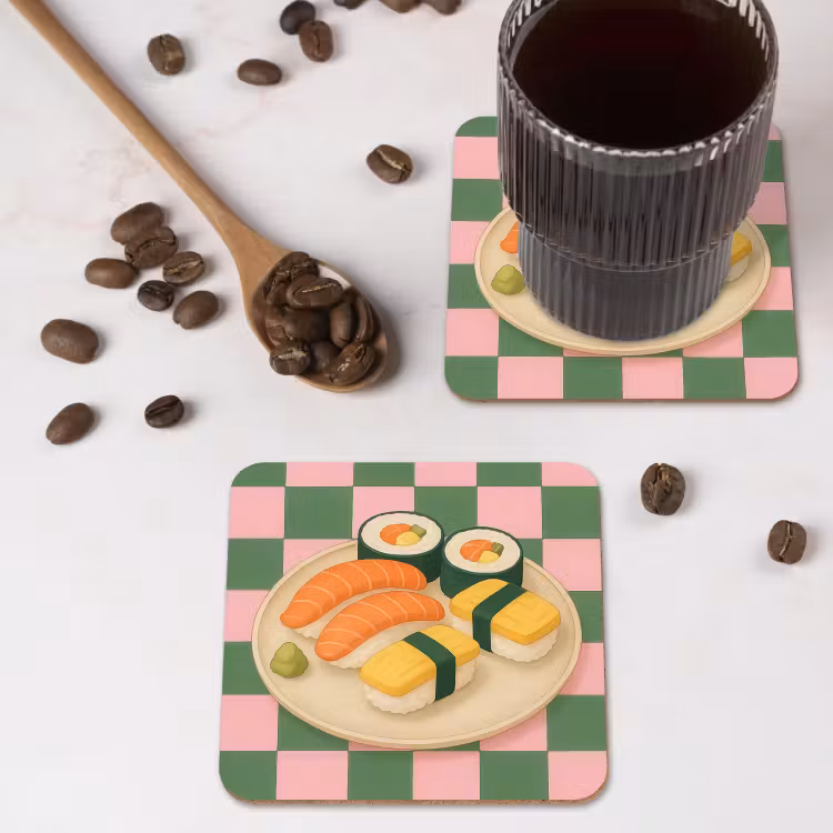 Sushi - Bord - Geblokt - Groen onderzetter kurk middel -sfeer2