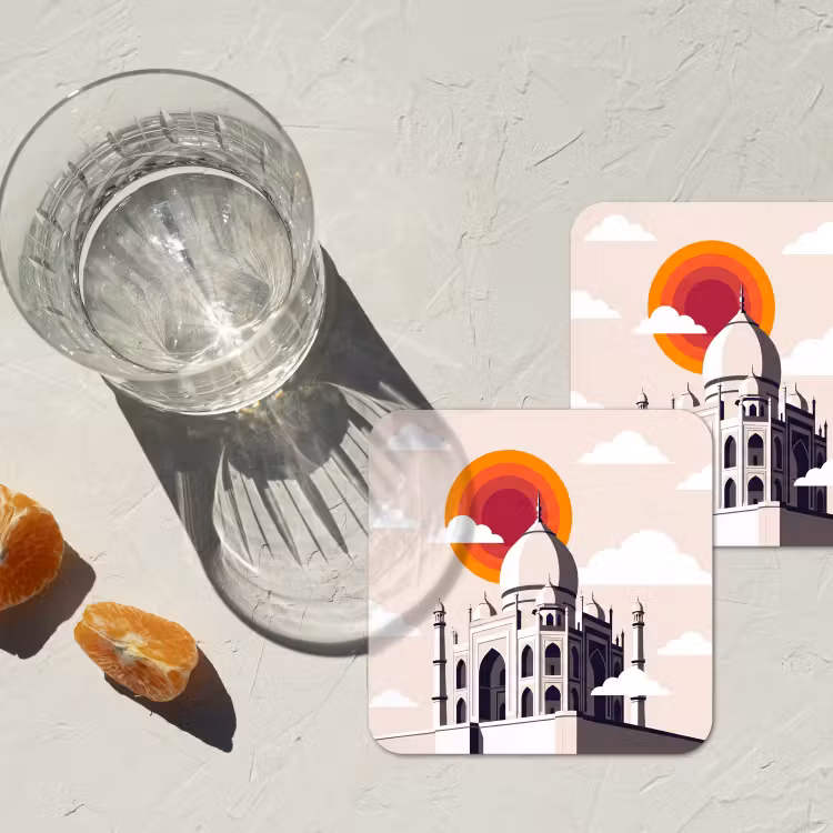 Taj Mahal - Zon - Koepel - Architectuur - India - Grafisch onderzetter kurk middel -sfeer4