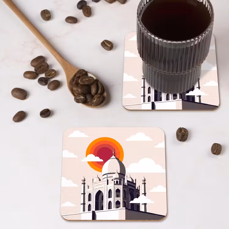 Taj Mahal - Zon - Koepel - Architectuur - India - Grafisch onderzetter kurk middel -sfeer2