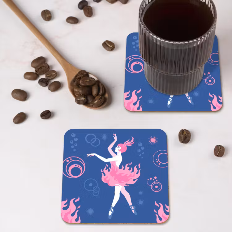 Danseres - Vlammenrok - Abstract - Roze - Blauw onderzetter kurk middel -sfeer2