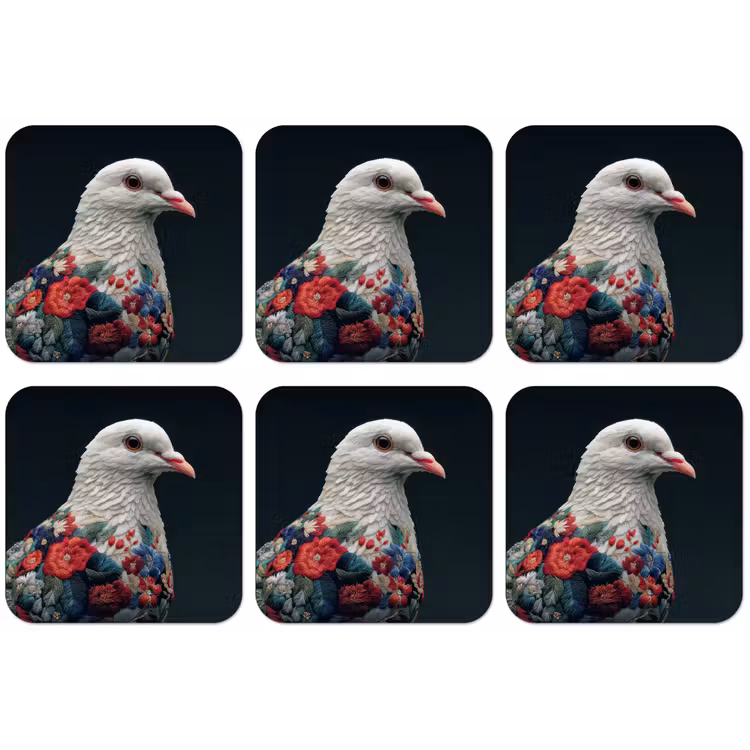 Duif - Bloemen - Wit - Zwart onderzetter kurk middel -zkaufland3dotto